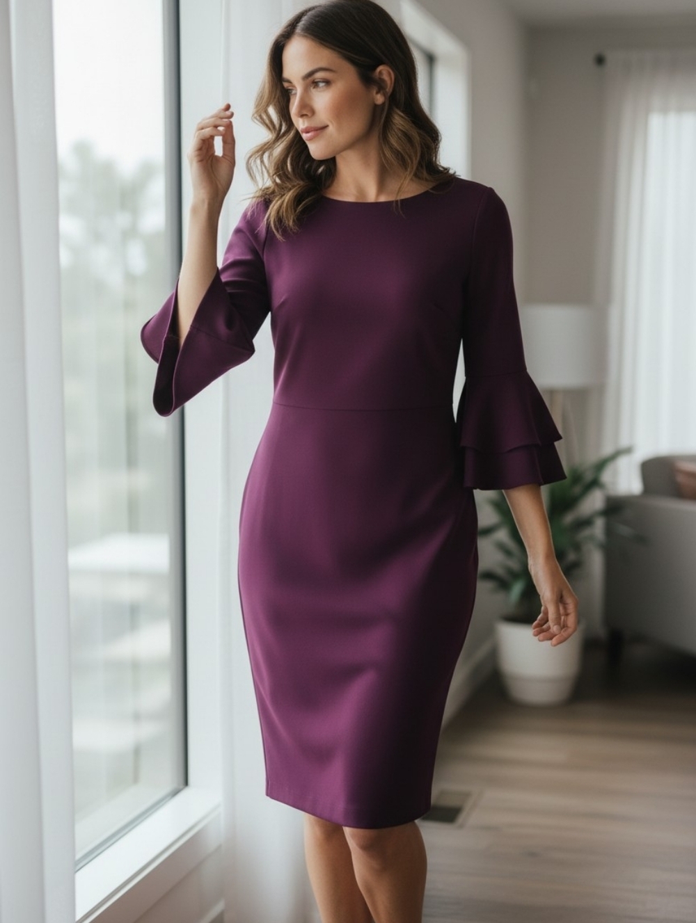 Calvin Klein Plum Purple Ruffle Bell Sleeve Sheath Dress